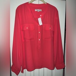 LOFT melon pink 1/2 button down chiffon Utility blouse Size Large pleat trim